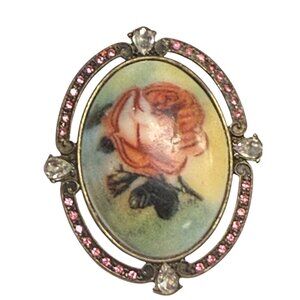 Vintage Gold-Tone Oval Floral Brooch With Hand-Painted Rose & Pink Rhinestones